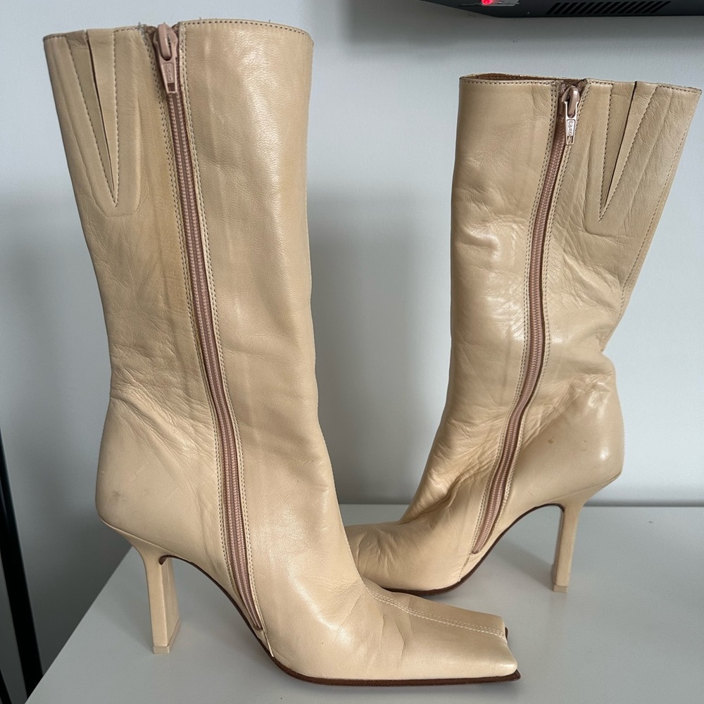 Miista cream mid calf heeled boots
